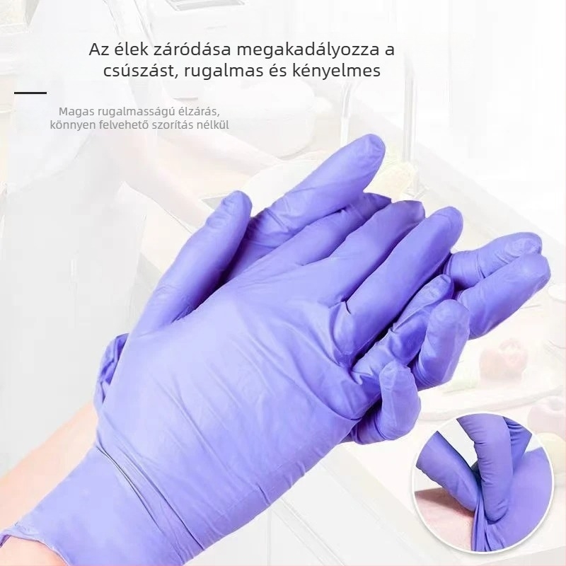 Egyszer használatos lila nitril kesztyűk konyhai tisztításra, élelmiszer-biztonsági minőség, béléssel és megvastagított, mosogatáshoz