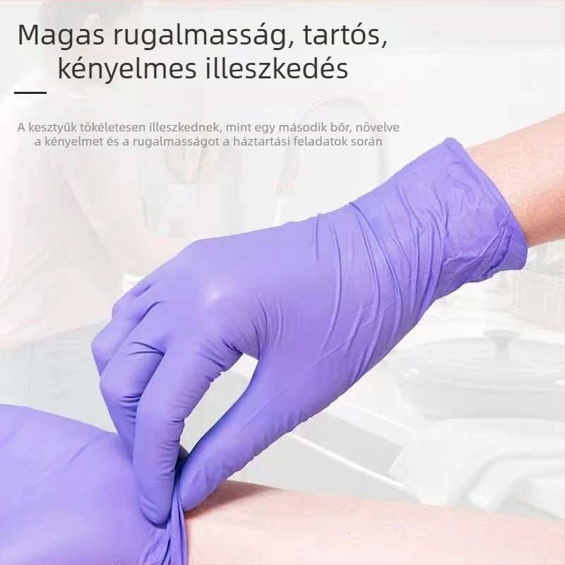 Egyszer használatos lila nitril kesztyűk konyhai tisztításra, élelmiszer-biztonsági minőség, béléssel és megvastagított, mosogatáshoz