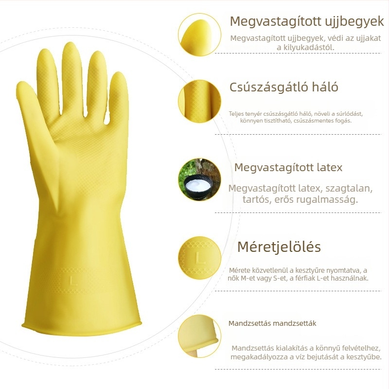 Vastagított latex kesztyűk, vízálló és csúszásmentes, tartós háztartási kesztyűk mosogatáshoz és ruhákhoz