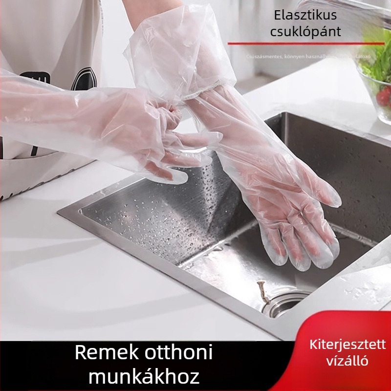 Egyszer használatos kesztyűk otthoni és konyhai használatra, hosszú mandzsettás, vízálló