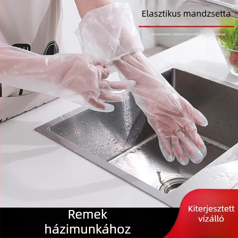 Egyszer használatos kesztyűk otthoni és konyhai használatra, hosszú mandzsettás, vízálló