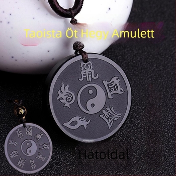 Taoista obsidián medálos nyaklánc, uniszex, kilenc karakteres mantra és az Öt Hegy diagramja