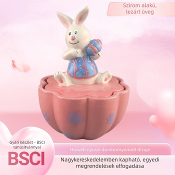 Húsvéti kerámiás nyúl alakú keksztartó, kézzel festett, fehér porcelán, édességtároló, ajándék