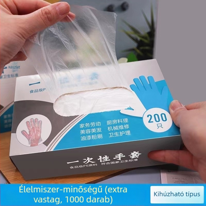 Egyszer használatos élelmiszerbiztonsági kesztyűk, 200 db, dobozban, húzható típus, PE műanyag, otthoni konyhára és kereskedelmi használatra