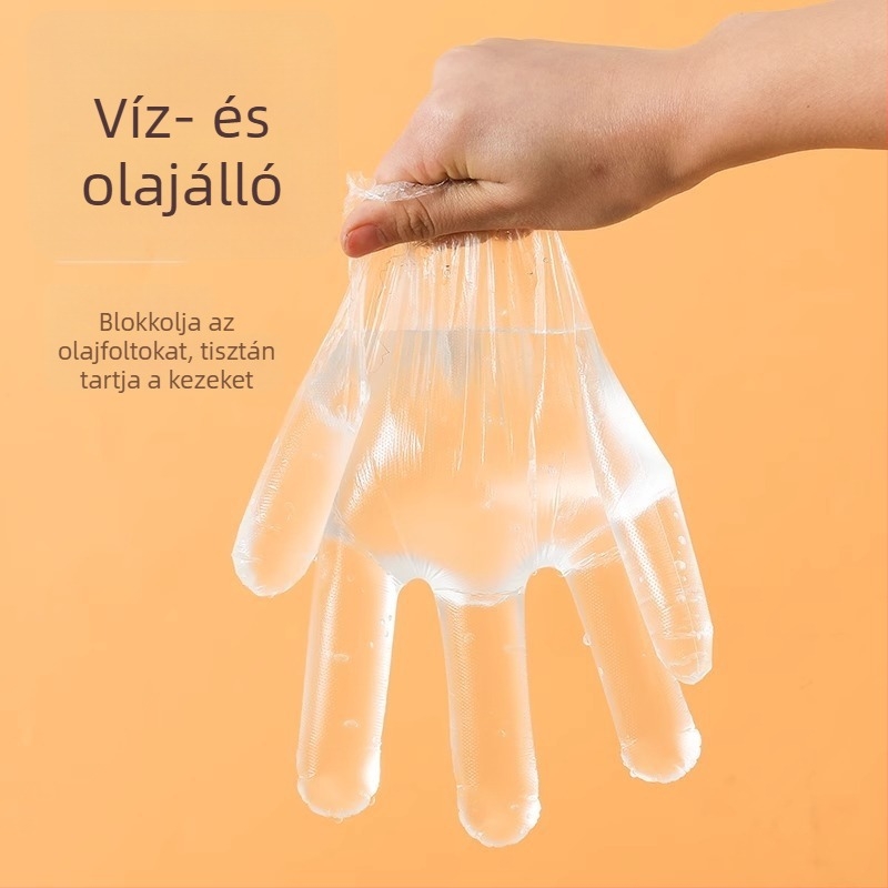 Egyszer használatos élelmiszerbiztonsági kesztyűk, 200 db, dobozban, húzható típus, PE műanyag, otthoni konyhára és kereskedelmi használatra
