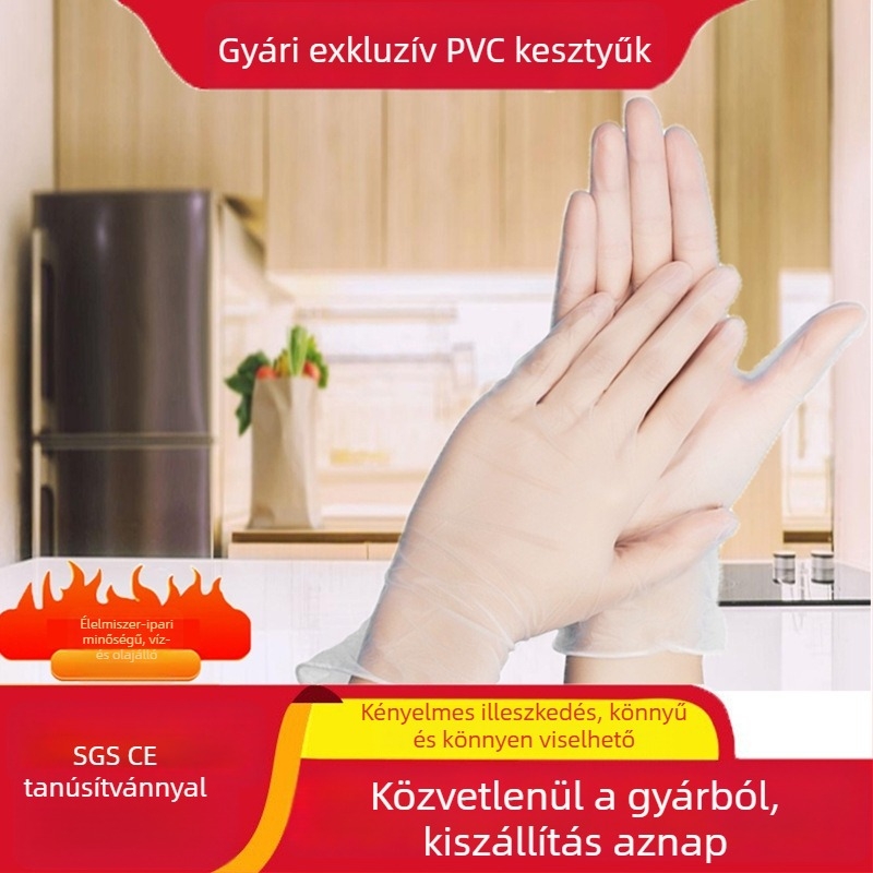 Egyszer használatos PVC kesztyűk, vastított, élelmiszer-minőségű, konyhai mosogatáshoz és háztartási felhasználáshoz, dagasztáshoz, olajálló, készleten