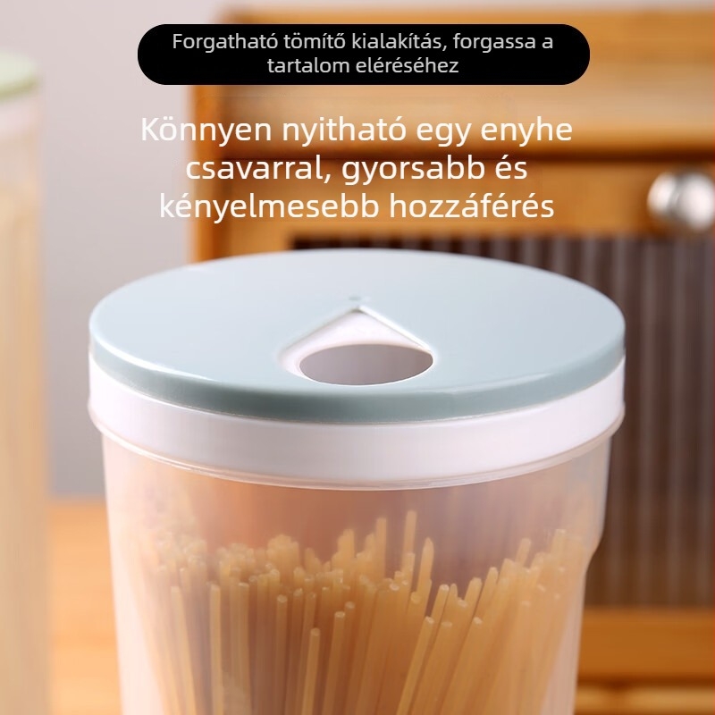 Két kerek, átlátszó műanyag tárolóedény a konyhai alapanyagokhoz