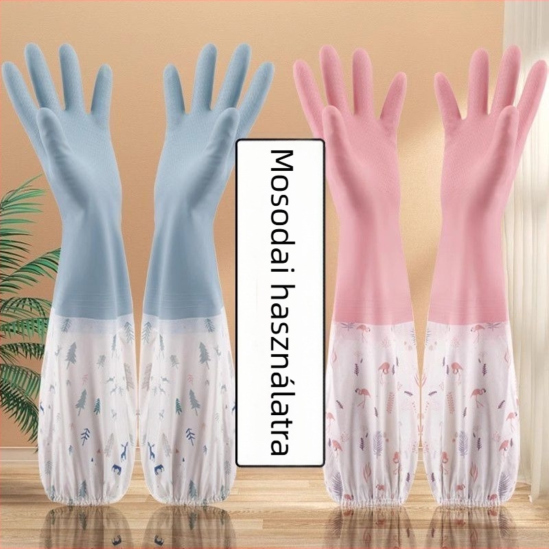 Hosszú gumis edénykezelő kesztyűk konyhai munkákhoz, bársonyos belső, vízálló latex, tartós háztartási használatra