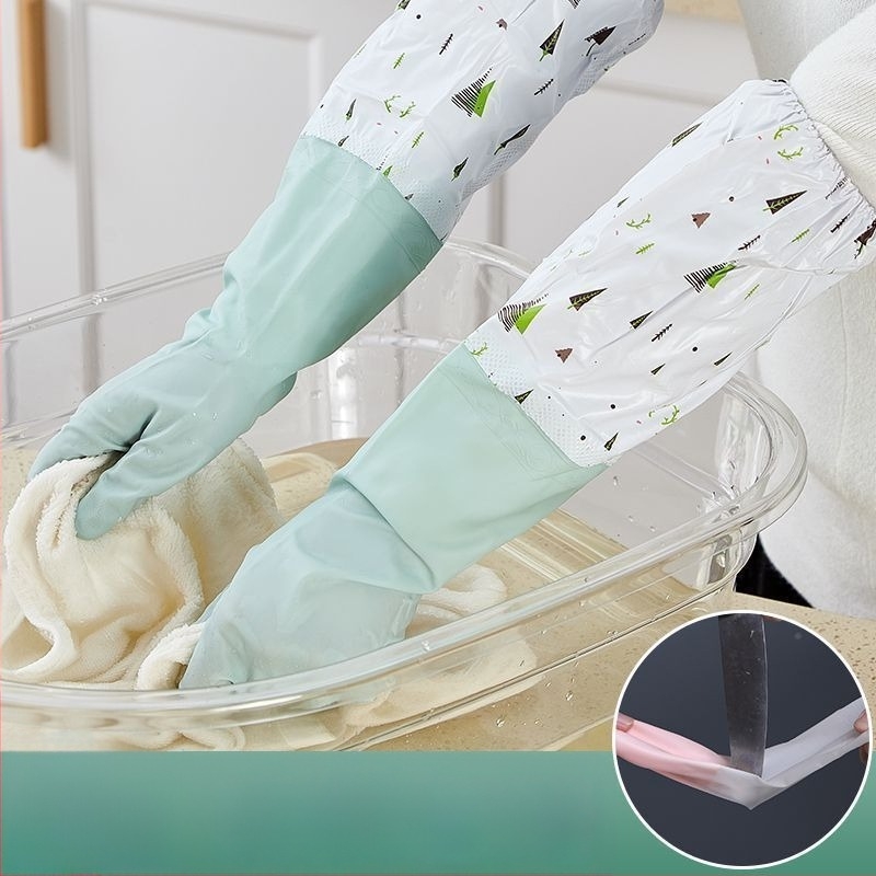 Hosszú gumis edénykezelő kesztyűk konyhai munkákhoz, bársonyos belső, vízálló latex, tartós háztartási használatra