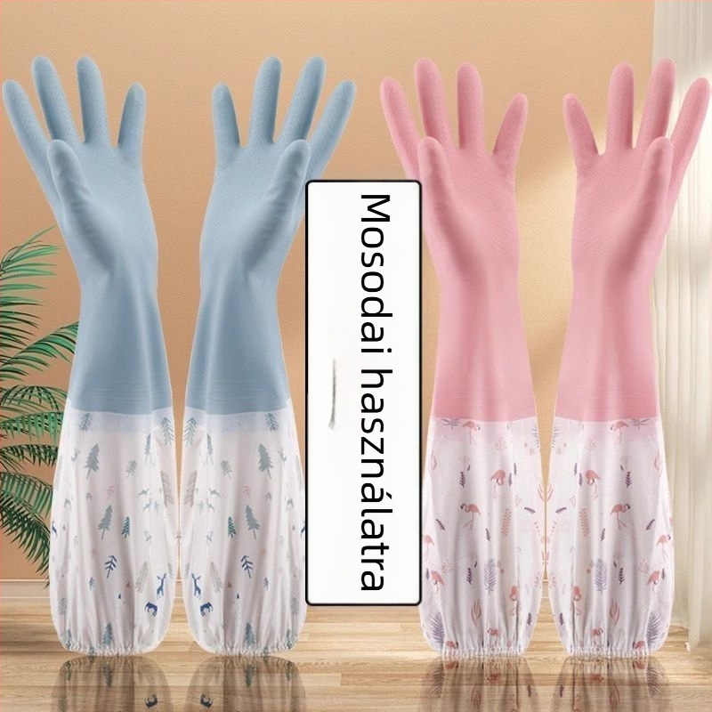 Hosszú gumis edénykezelő kesztyűk konyhai munkákhoz, bársonyos belső, vízálló latex, tartós háztartási használatra