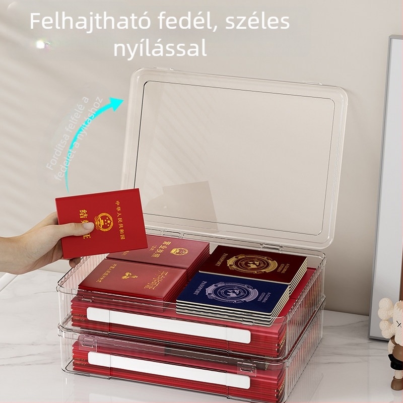 A4 átlátszó irattartó doboz a családi fontos dokumentumok, vizsgadolgozatok, tulajdoni lapok, lakcímnyilvántartás és oltási igazolványok rendezésére