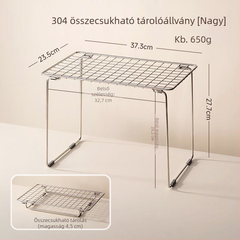 304 rozsdamentes acél konyhai mosogató alatti tároló, összecsukható, több szintes polc edényekhez