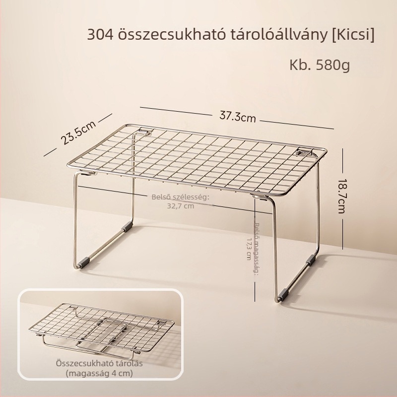 304 rozsdamentes acél konyhai mosogató alatti tároló, összecsukható, több szintes polc edényekhez