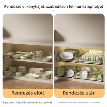 Konyhaszekrénybe építhető húzható lefolyókosár, szerelés nélkül, tálak tárolására