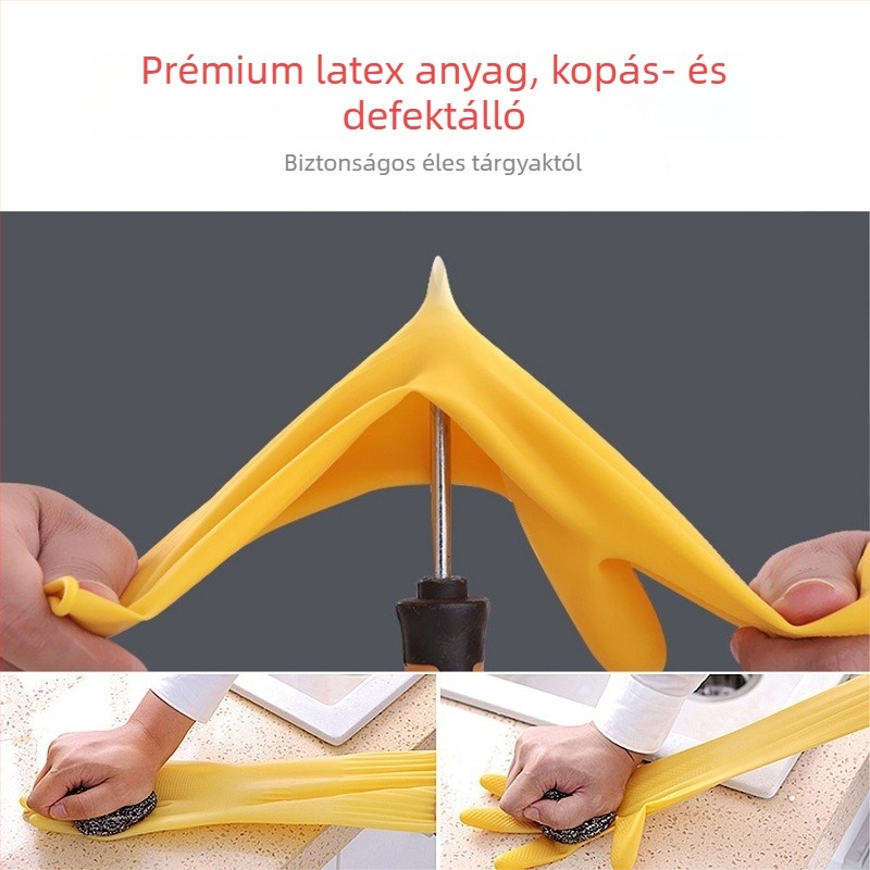 Vastagított latex konyhai kesztyű, olajálló, sav- és lúgálló, vízálló, 32 cm hosszú, háztartási tisztításhoz