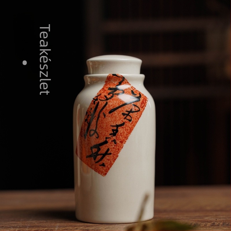 Japán-stílusú kerámia teás tároló üveg, 260 ml, kézzel festett, zárható, retro dizájn