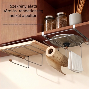 Konyhai vágódeszka- és fedőlap tartó, falra szerelhető, többfunkciós tároló