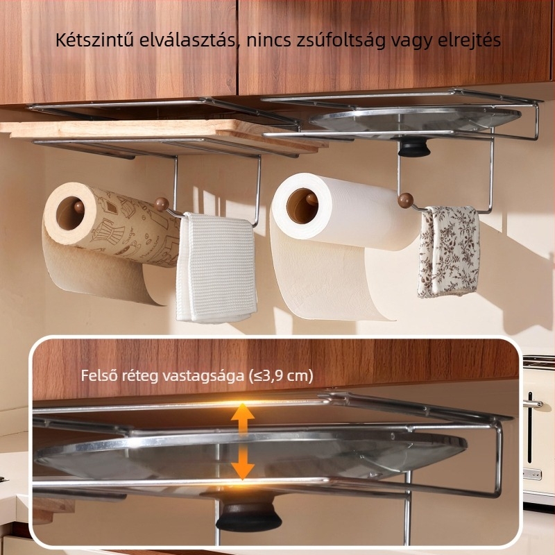 Konyhai vágódeszka- és fedőlap tartó, falra szerelhető, többfunkciós tároló