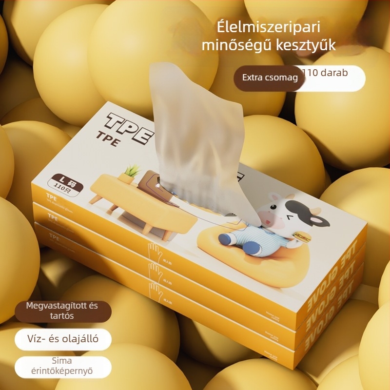 Egyszer használatos TPE kesztyűk, vastagított, élelmiszer-minőségű, cateringhez, olajálló, dobozos kiszerelésben, általános háztartási kesztyűk