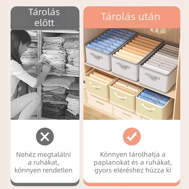 Összecsukható textil ruhatároló doboz a ruhásszekrényhez – Többszintű szervező nadrágokhoz és ruhákhoz, összecsukható, porvédett
