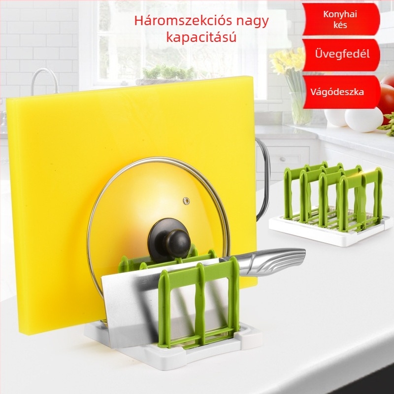 Moduláris konyhai tároló levehető és állítható elemekkel: kés-tartó, vágódeszka-tartó, fedő-tartó és lecsöpögtető polc; logó nyomtatás lehetséges