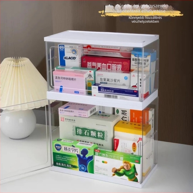 Átlátszó akril asztali tároló doboz tablettákhoz, többszintű rendező otthoni gyógyszer-tároláshoz