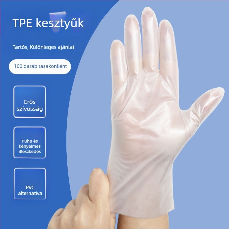 Egyszer használatos TPE kesztyűk háztartási használatra, élelmiszer-minőség, csúszásmentes, olajálló, vastított a konyhai takarításra