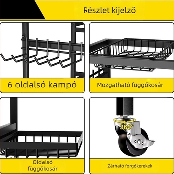 Háromszintes jógaállvány oldalsó akasztókkal, tárolókosárral és mozgatható tárolóállvánnyal jóga matracokhoz