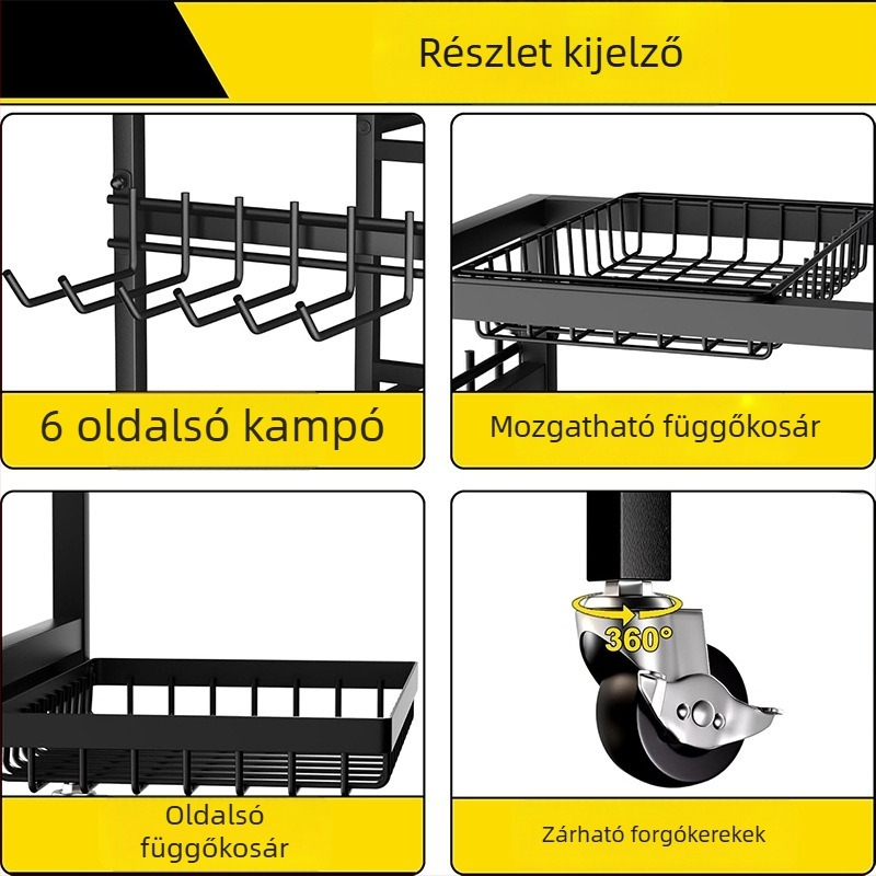Háromszintes jógaállvány oldalsó akasztókkal, tárolókosárral és mozgatható tárolóállvánnyal jóga matracokhoz
