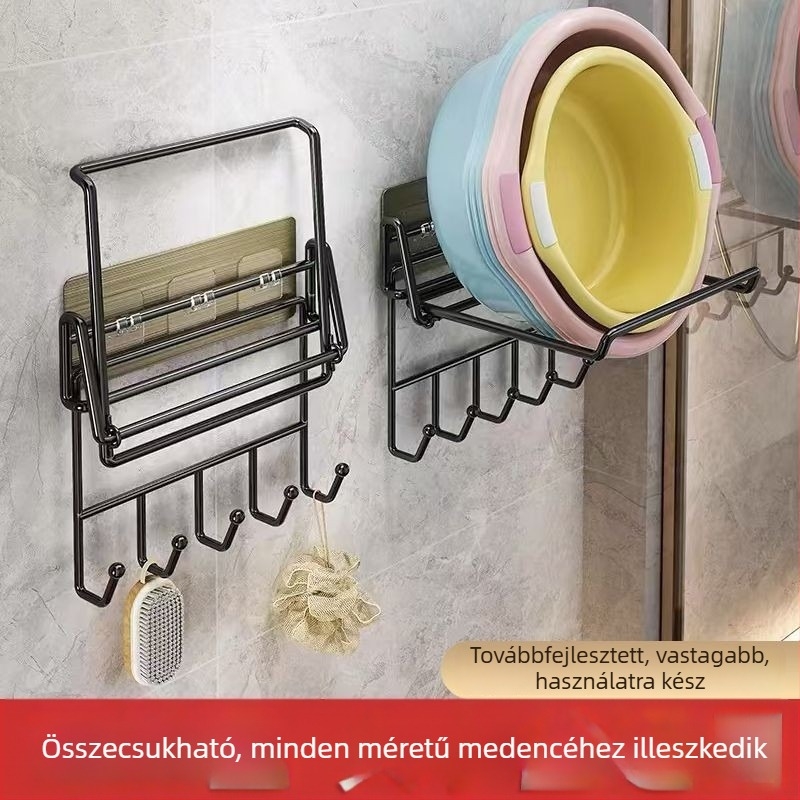 Összecsukható mosdóhoz való falra szerelhető tároló, rozsdamentes acélból, fúrás nélkül, fürdőszoba