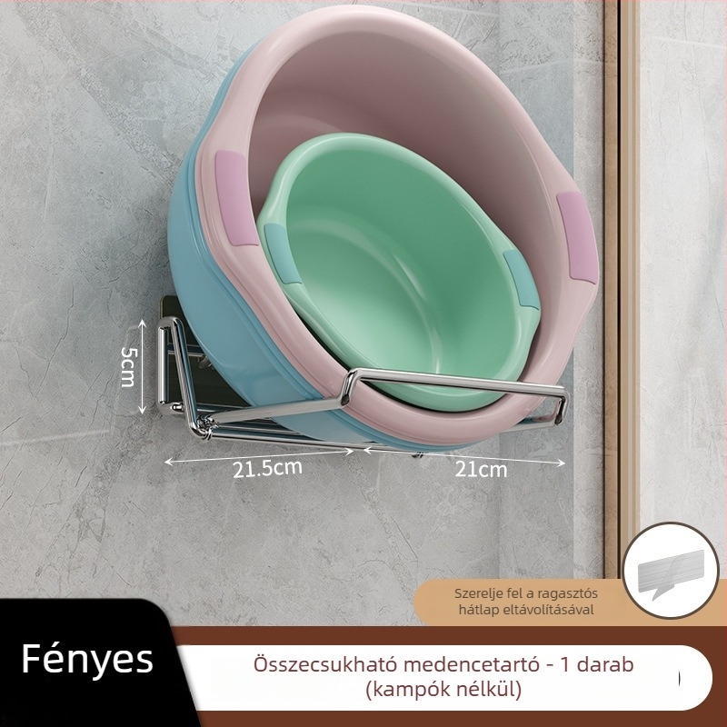 Összecsukható mosdóhoz való falra szerelhető tároló, rozsdamentes acélból, fúrás nélkül, fürdőszoba