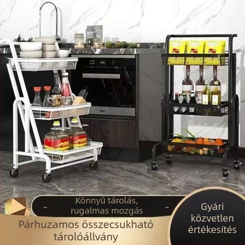 Konyhai padlón álló, háromrétegű zöldség- és gyümölcstároló állvány, leeresztő kosárral és kiskocsival