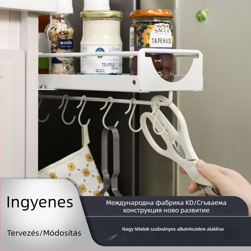 Keskeny falra szerelhető kihúzható tárolópolc, konyha és mosókonyha számára, ragasztással rögzíthető, karbonacél, nedvességálló.