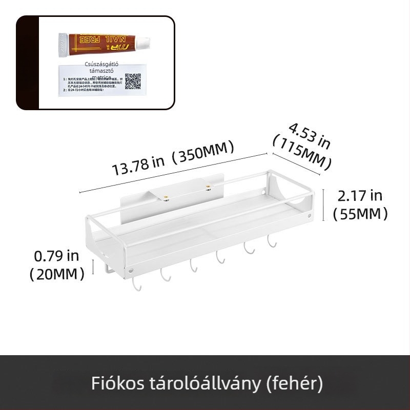 Keskeny falra szerelhető kihúzható tárolópolc, konyha és mosókonyha számára, ragasztással rögzíthető, karbonacél, nedvességálló.
