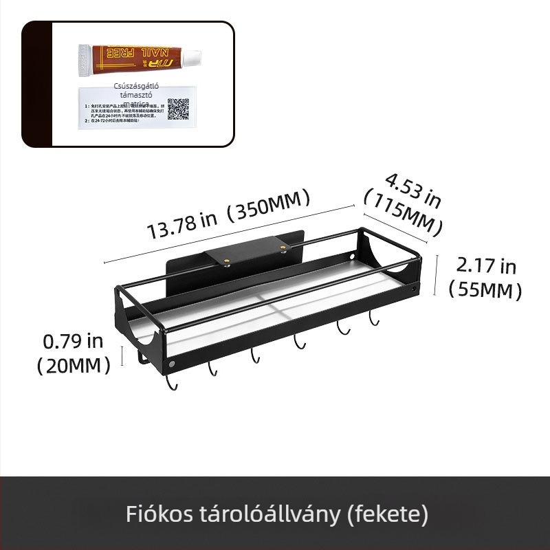 Keskeny falra szerelhető kihúzható tárolópolc, konyha és mosókonyha számára, ragasztással rögzíthető, karbonacél, nedvességálló.