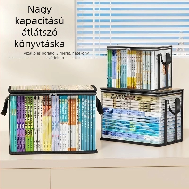Átlátszó könyves tároló doboz diákoknak, porálló műanyag tároló, nagy kapacitású, 38×24×32 cm