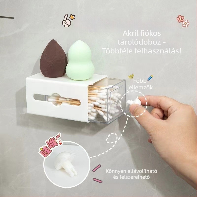 Fali fürdőszobai tároló pamutszálakhoz, fedéllel nyitható, fúrás nélkül, kompakt doboz hajgumikhoz és kisebb kellékekhez