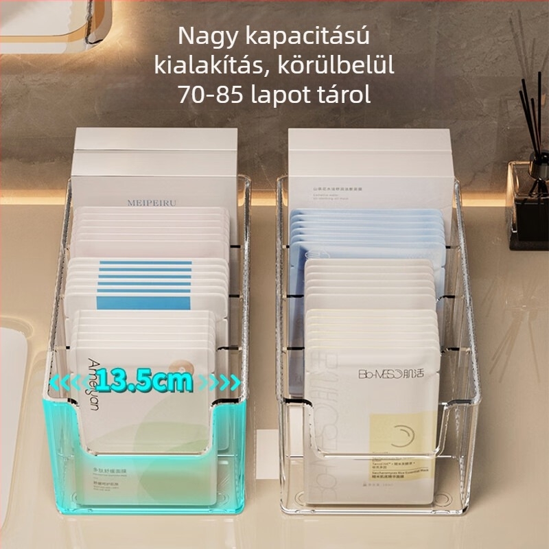 Akril maszk tároló doboz átlátszó rekeszrendszerrel – asztali kozmetikai szervező a bőrápoláshoz, nagy kapacitás