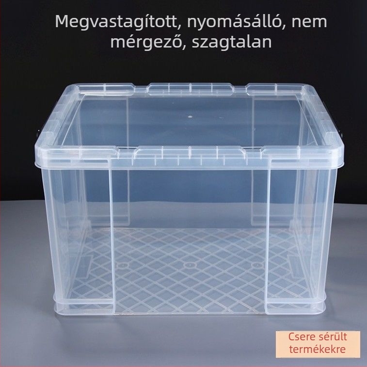 Áttetsző műanyag tároló doboz, vastagított kivitel, nagy kapacitás, téglalap alakú élekkel
