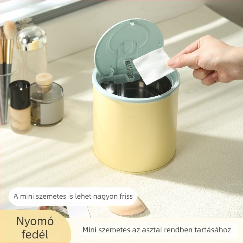 Asztali nyomógombos szemetes, mini rozsdamentes acélból, otthonra és irodába, vízálló, hordó alakú