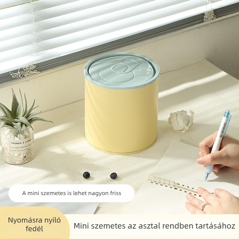 Asztali nyomógombos szemetes, mini rozsdamentes acélból, otthonra és irodába, vízálló, hordó alakú