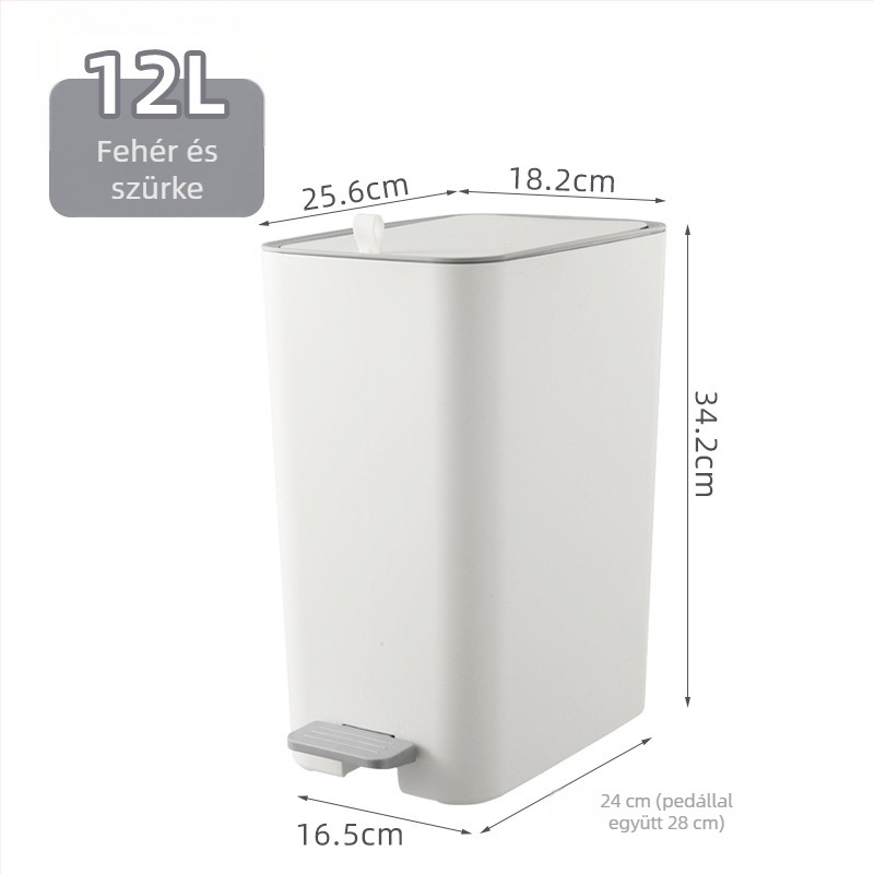 Nagy kapacitású téglalap alakú pedálos szemetes fedővel, keskeny kivitel, 12 l, PP, nappaliba és fürdőszobába.