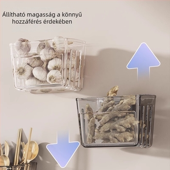 Fali konyhai tároló, sokfunkciós polc zöldhagymára, gyömbérre és fokhagymára, fűszertartó és zöldségkosár leeresztővel