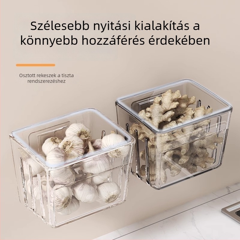 Fali konyhai tároló, sokfunkciós polc zöldhagymára, gyömbérre és fokhagymára, fűszertartó és zöldségkosár leeresztővel