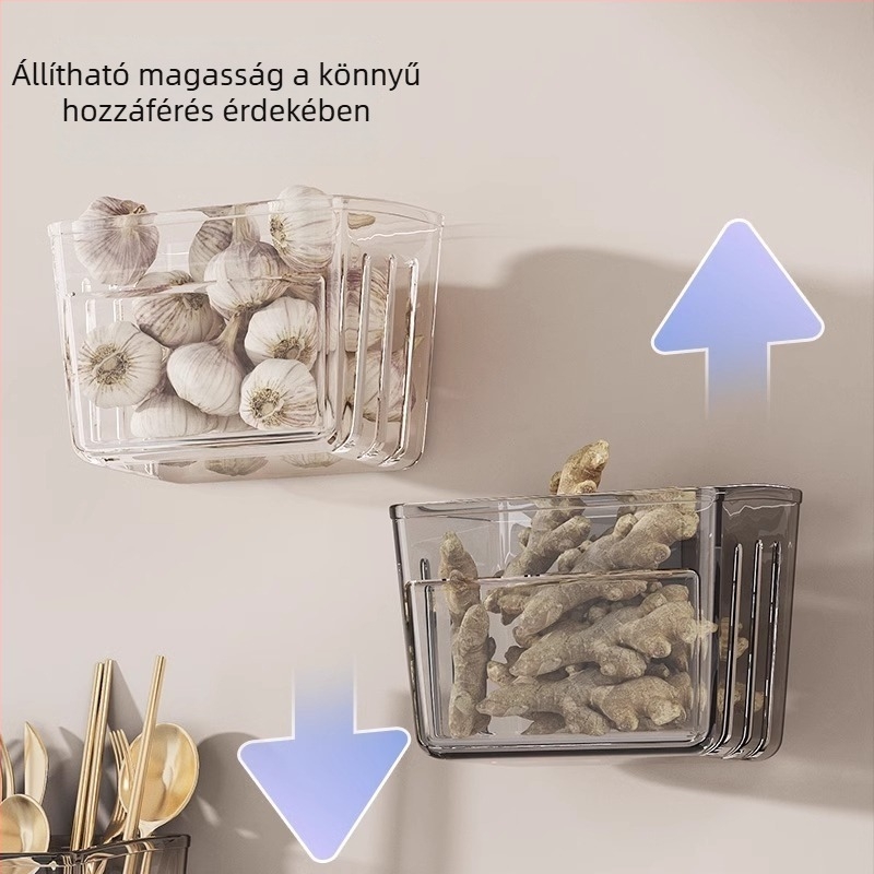 Fali konyhai tároló, sokfunkciós polc zöldhagymára, gyömbérre és fokhagymára, fűszertartó és zöldségkosár leeresztővel