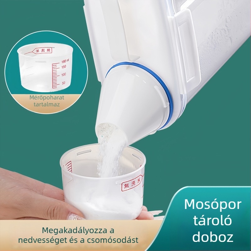 Mosópor tároló doboz, nagy kapacitású, műanyag tartály fedéllel – mosópor és folyékony mosószer tárolására