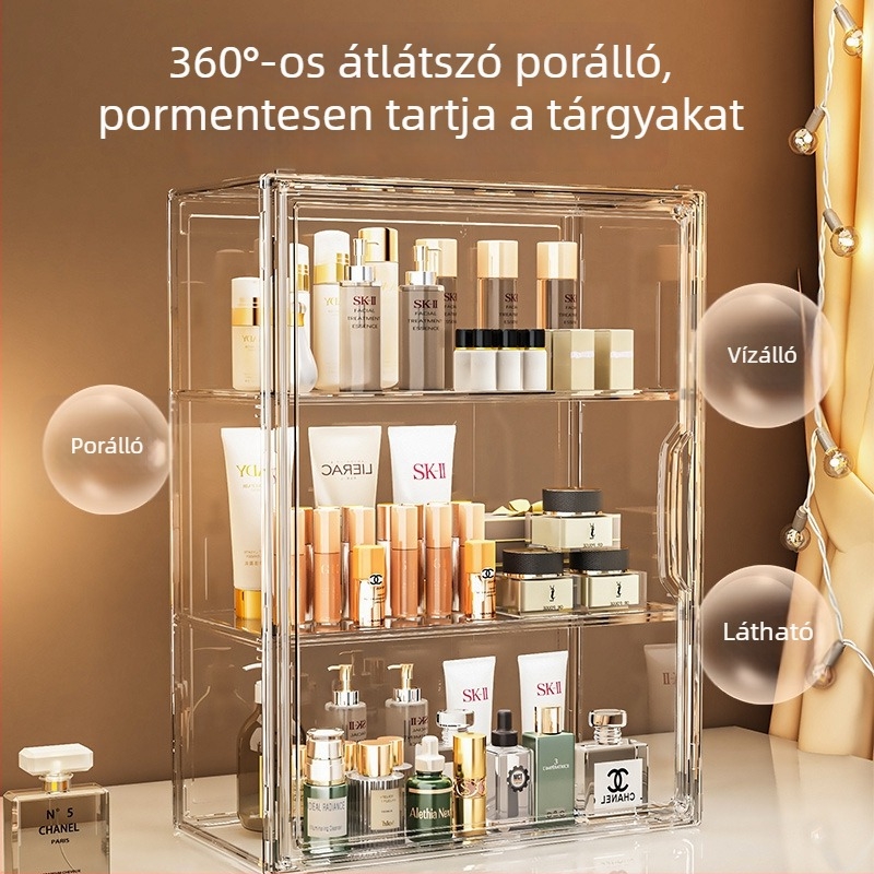 Átlátszó kozmetikai tároló doboz asztali használatra, nagy kapacitás, otthoni felhasználás, bőrápolási termékek rendezője