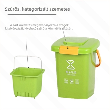 Háztartási szemetes fedővel és szűrővel, konyhai hulladékok osztályozása nedves–száraz szerint, hordozható tárolóedény 10–20 liter