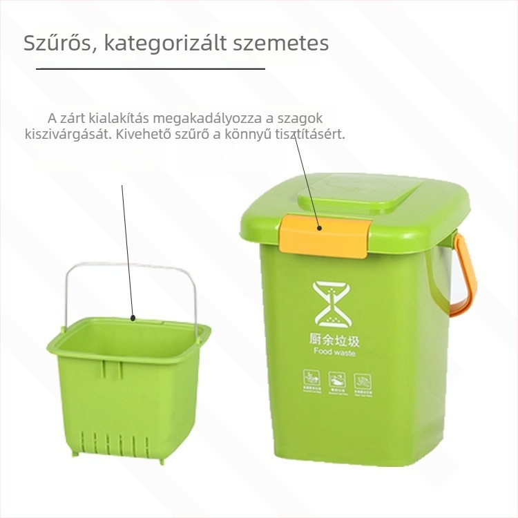 Háztartási szemetes fedővel és szűrővel, konyhai hulladékok osztályozása nedves–száraz szerint, hordozható tárolóedény 10–20 liter