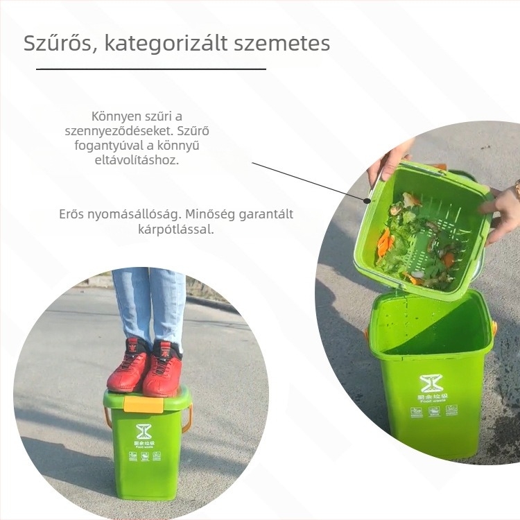 Háztartási szemetes fedővel és szűrővel, konyhai hulladékok osztályozása nedves–száraz szerint, hordozható tárolóedény 10–20 liter